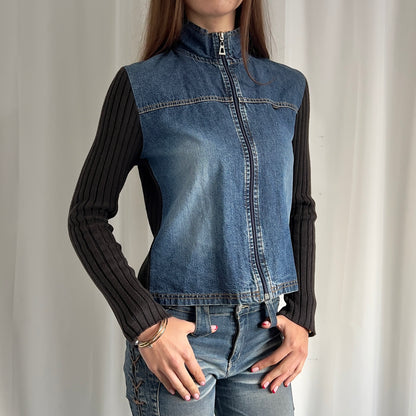 90s Denim & Knit Zip Up Jacket - Size M