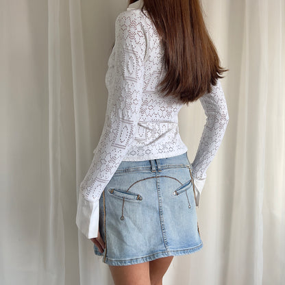 90s Denim Pleated Mini Skirt - Size L