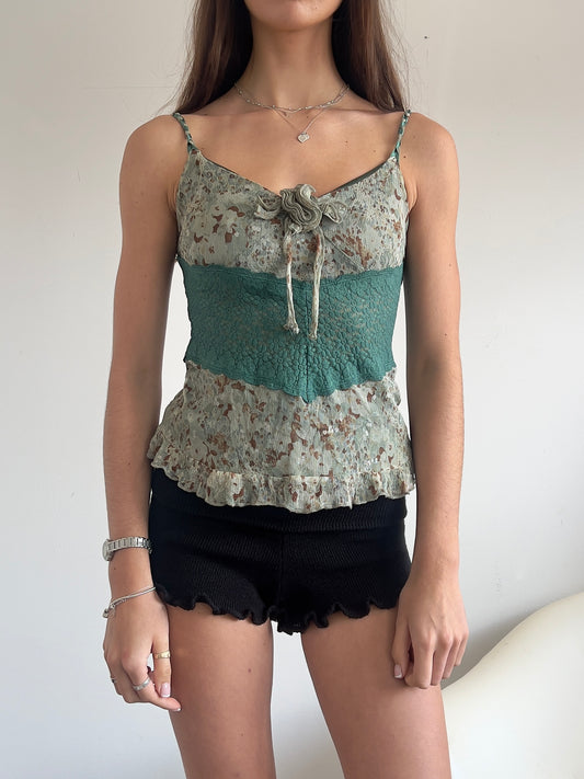 90s Floral Ruffle & Lace Cami - Size S
