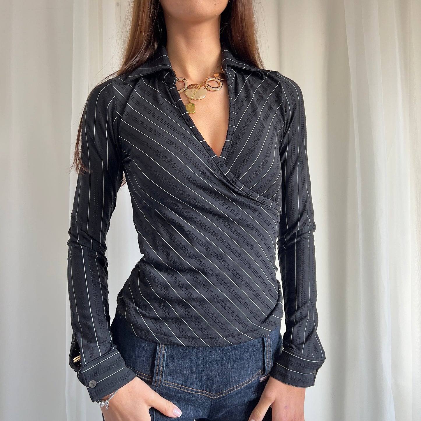 90s Pinstripe Wrap Shirt - Size S