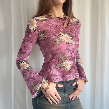 00s Floral Mesh Long Sleeve - Size S