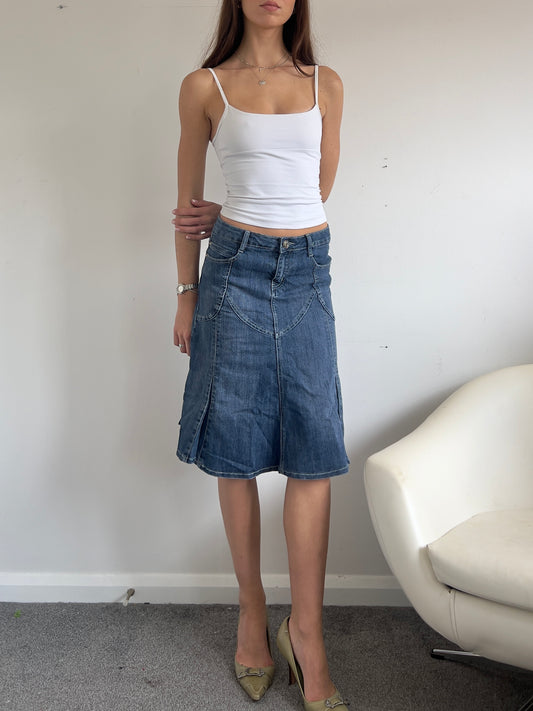 90s Pleated Denim Midi Skirt - Size S