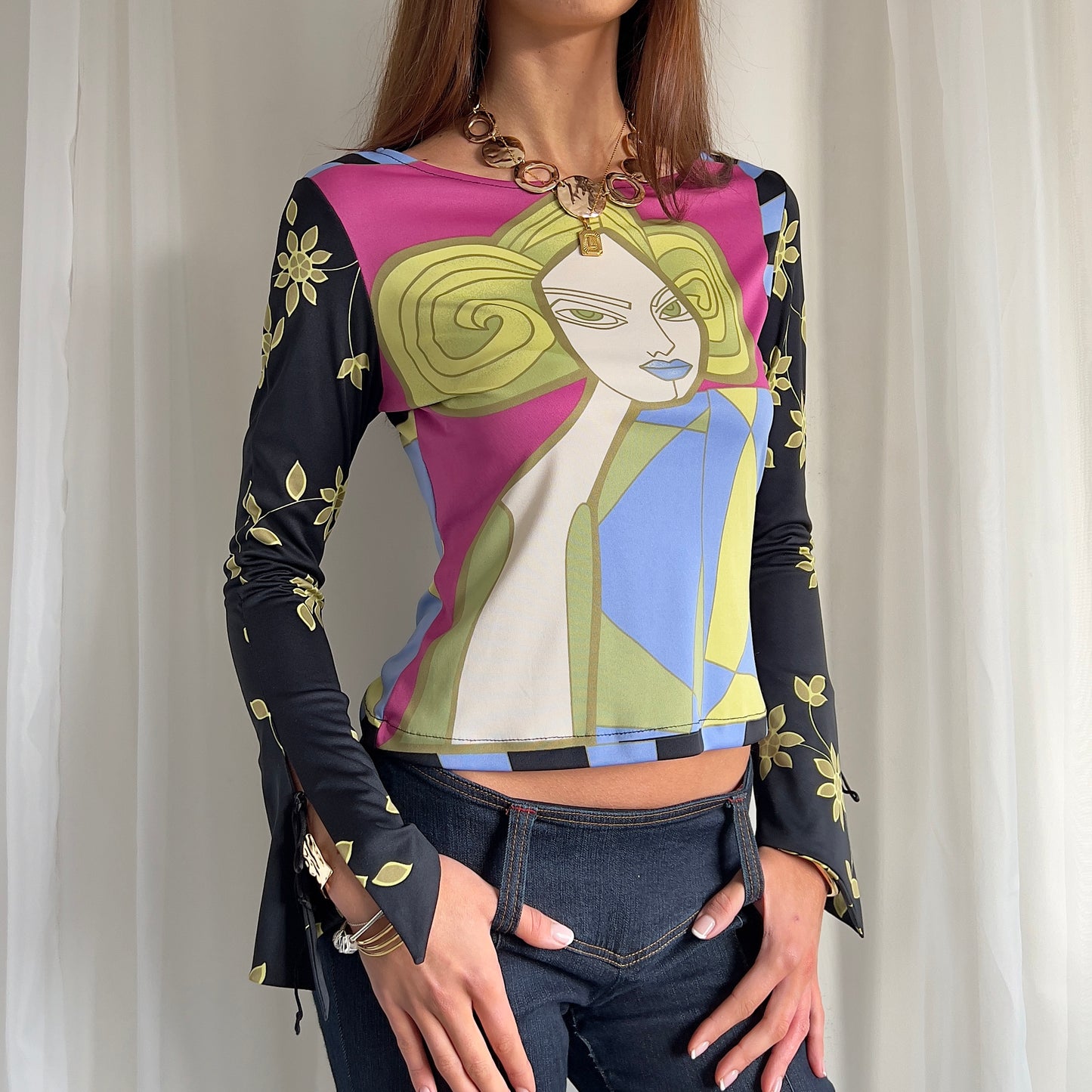 90s Graphic Flared Sleeve Top - Size S