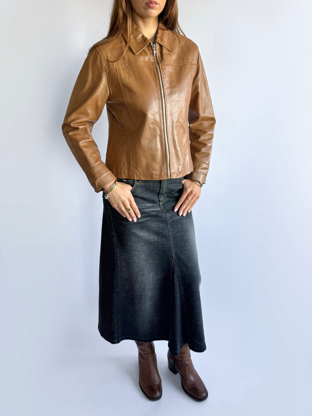 Genuine Leather Zip Jacket - Size M