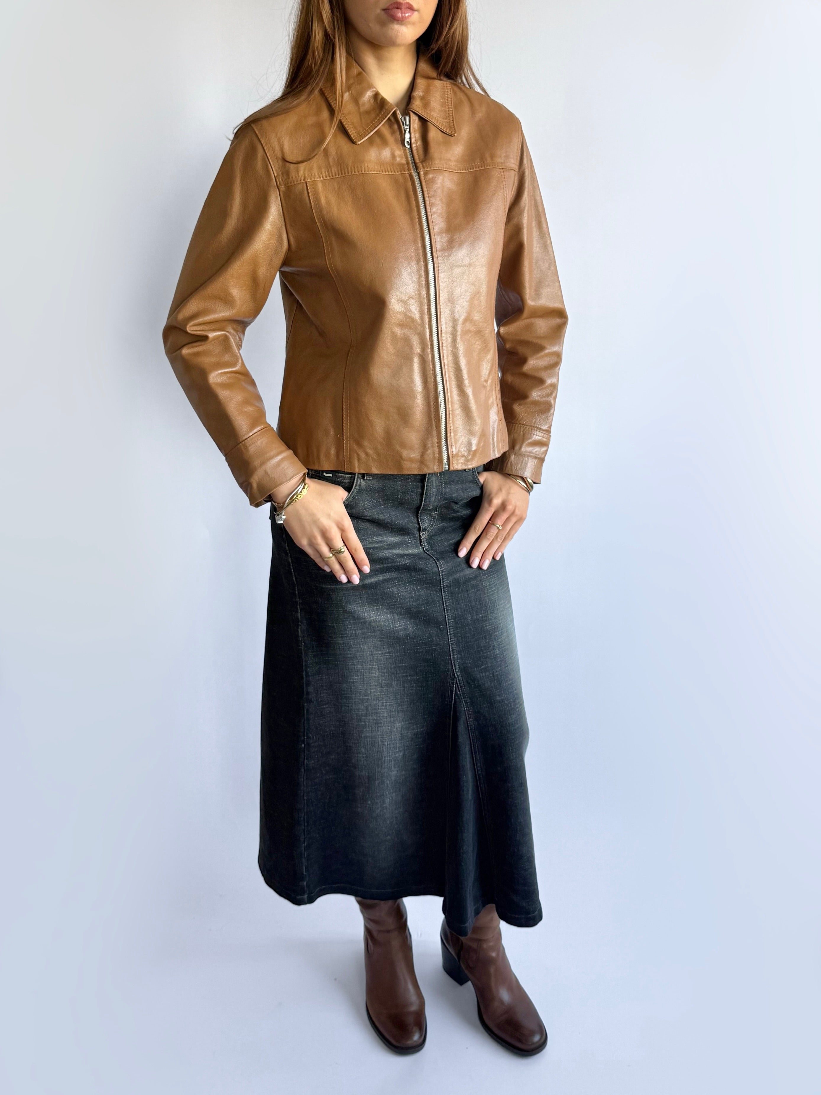 Genuine Leather Zip Jacket - Size M