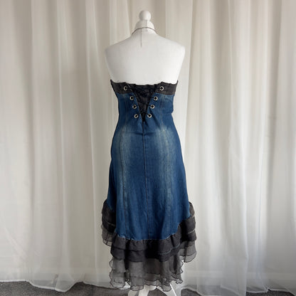 90s Denim Ruffle Asymmetric Mini Dress - Size M