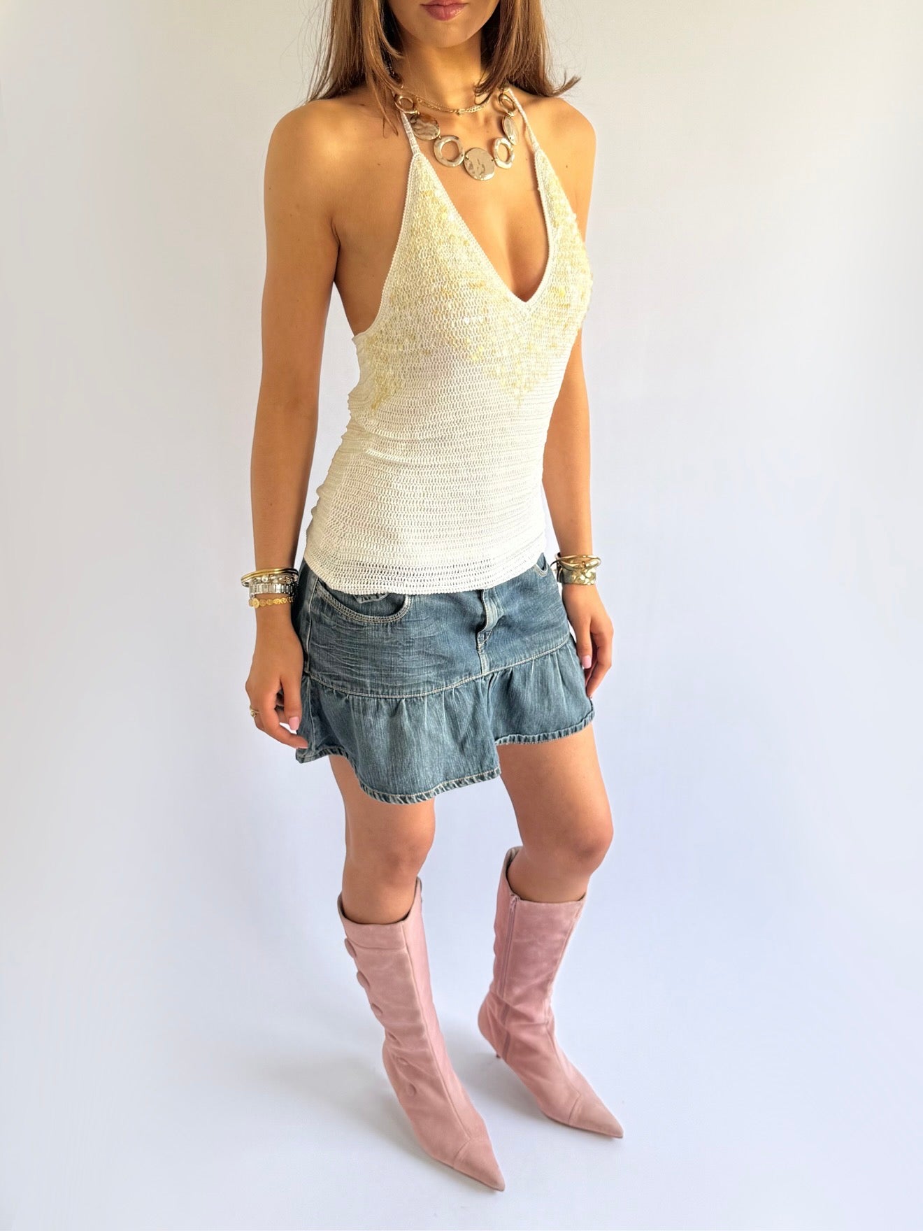 Crochet Sequin Halter Top - Size L