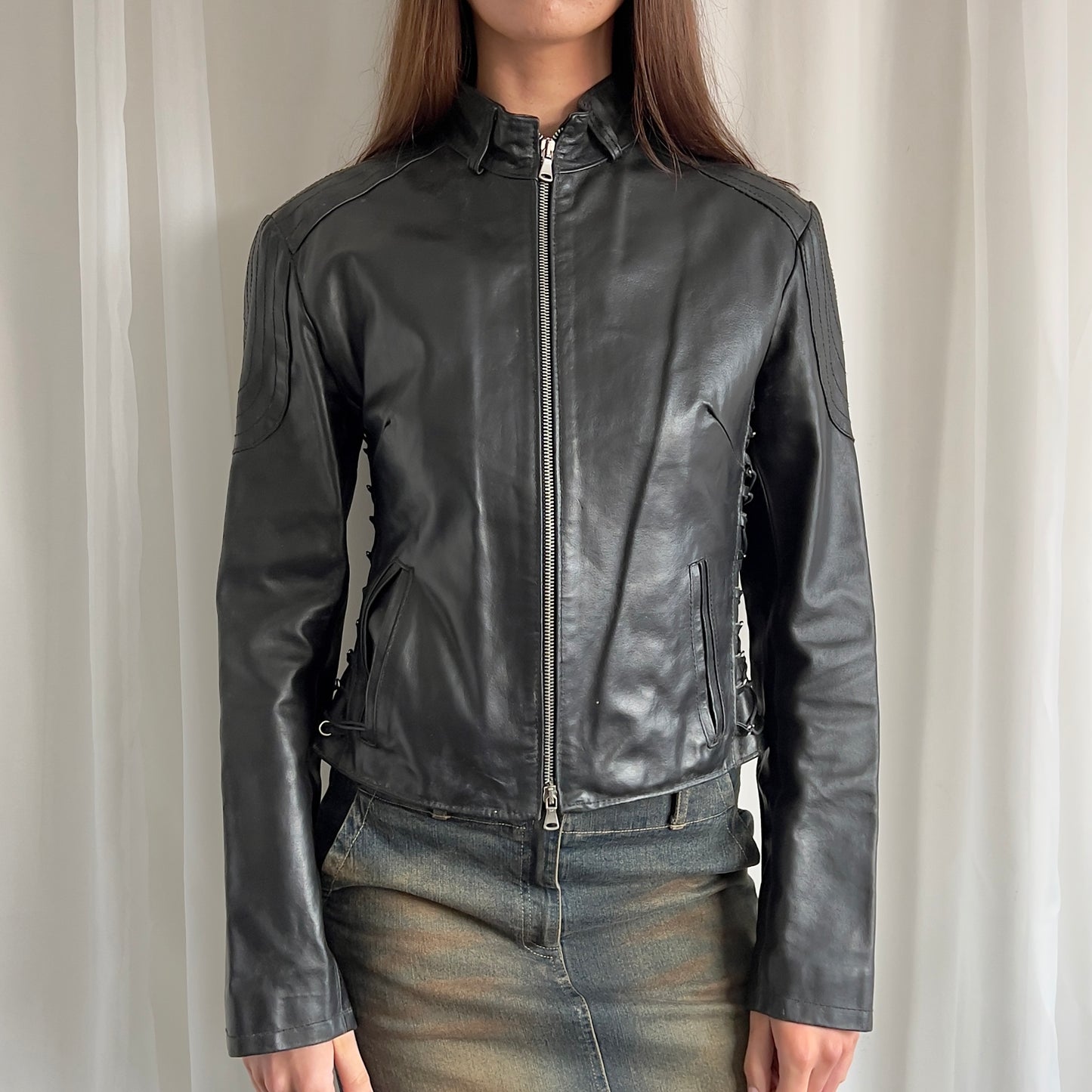 90s Genuine Leather Lace Up Zip Jacket - Size M