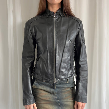 90s Genuine Leather Lace Up Zip Jacket - Size M