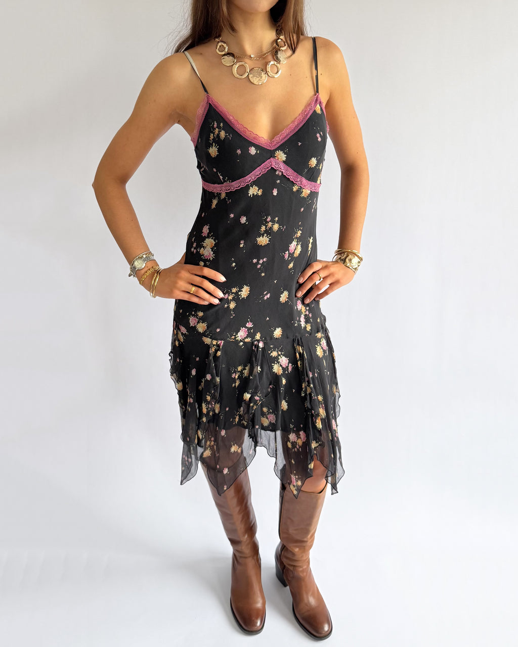 100% Silk Floral Asymmetric Midi Dress - Size L