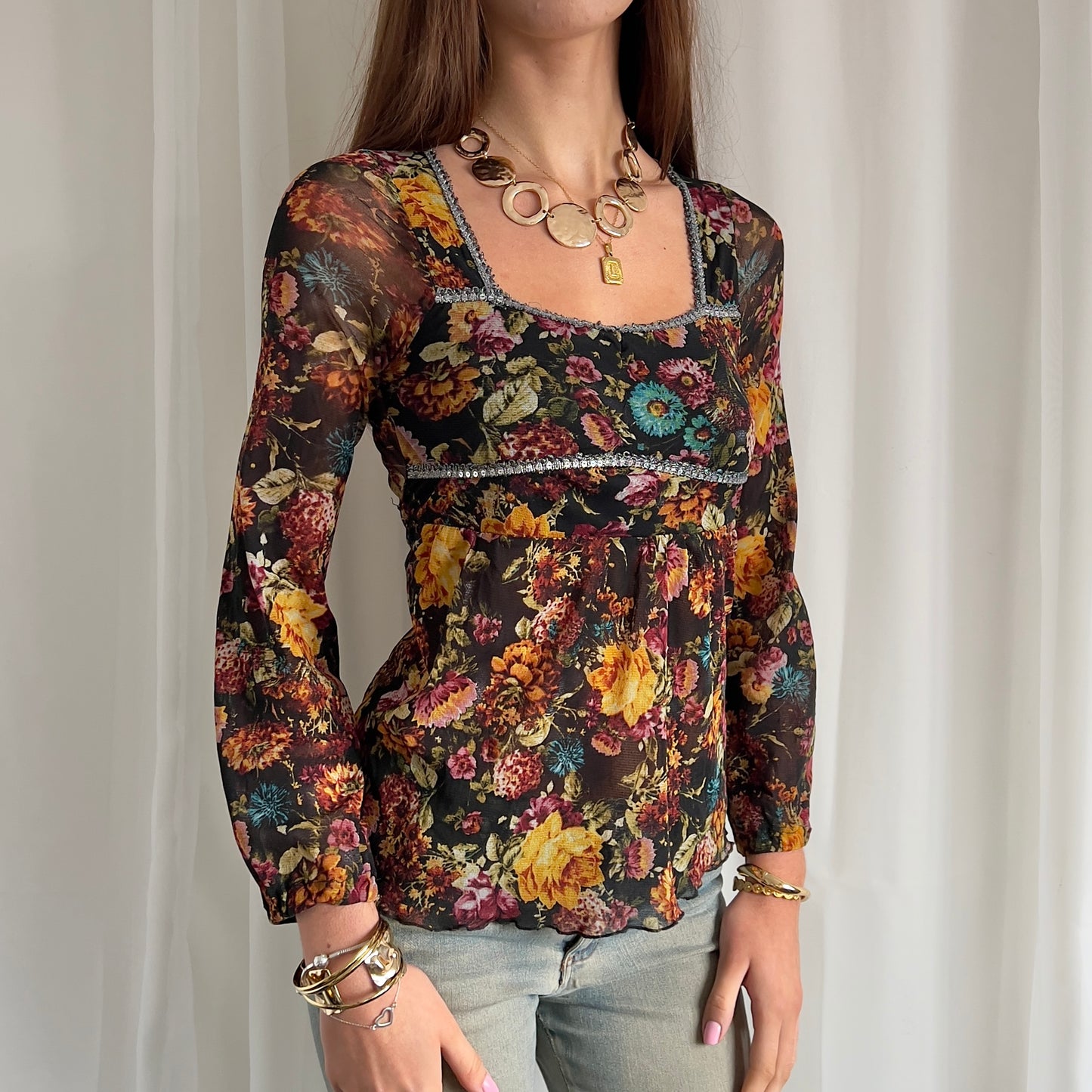 90s Floral Sheer Top - Size S