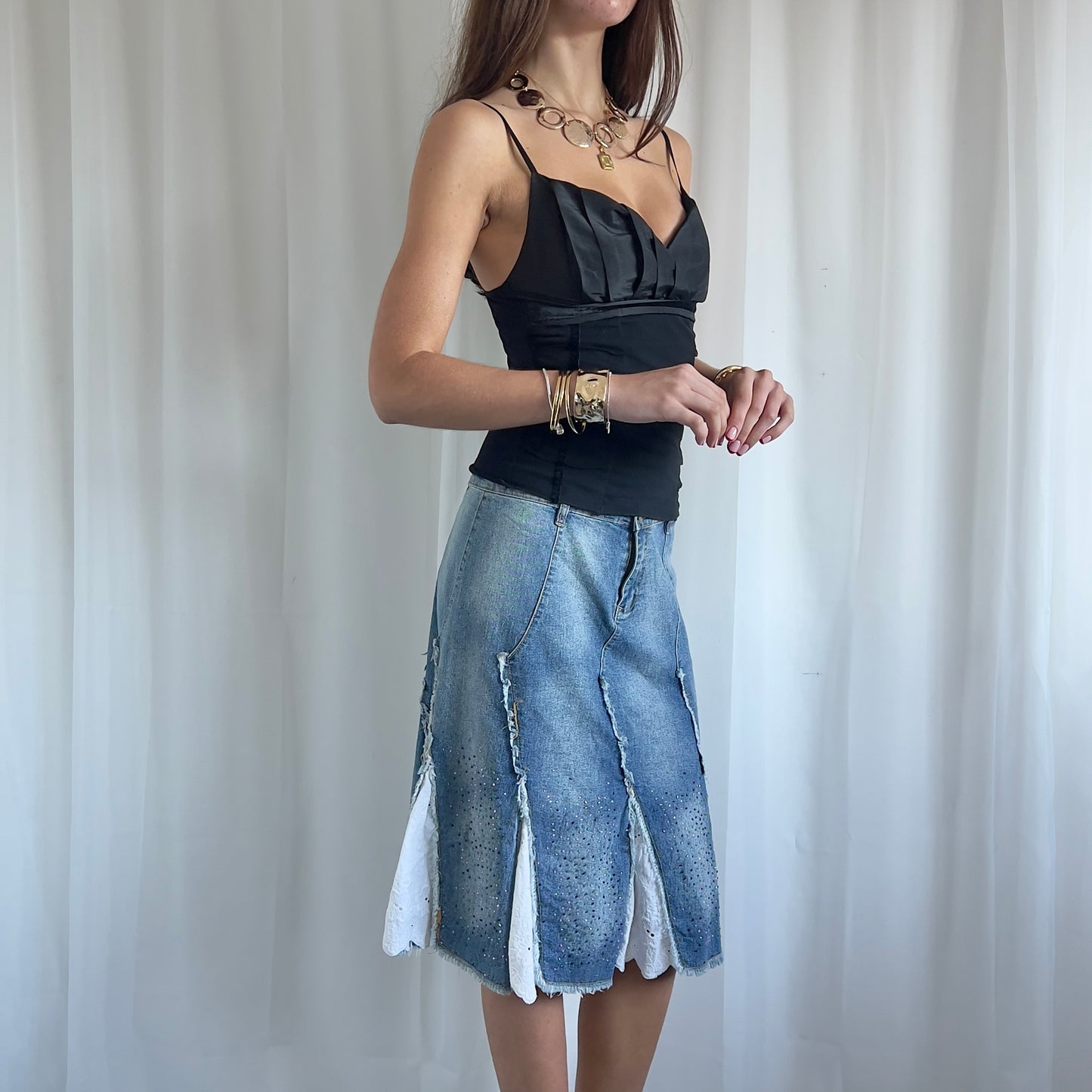 90s Beaded Denim Midi Skirt - Size S