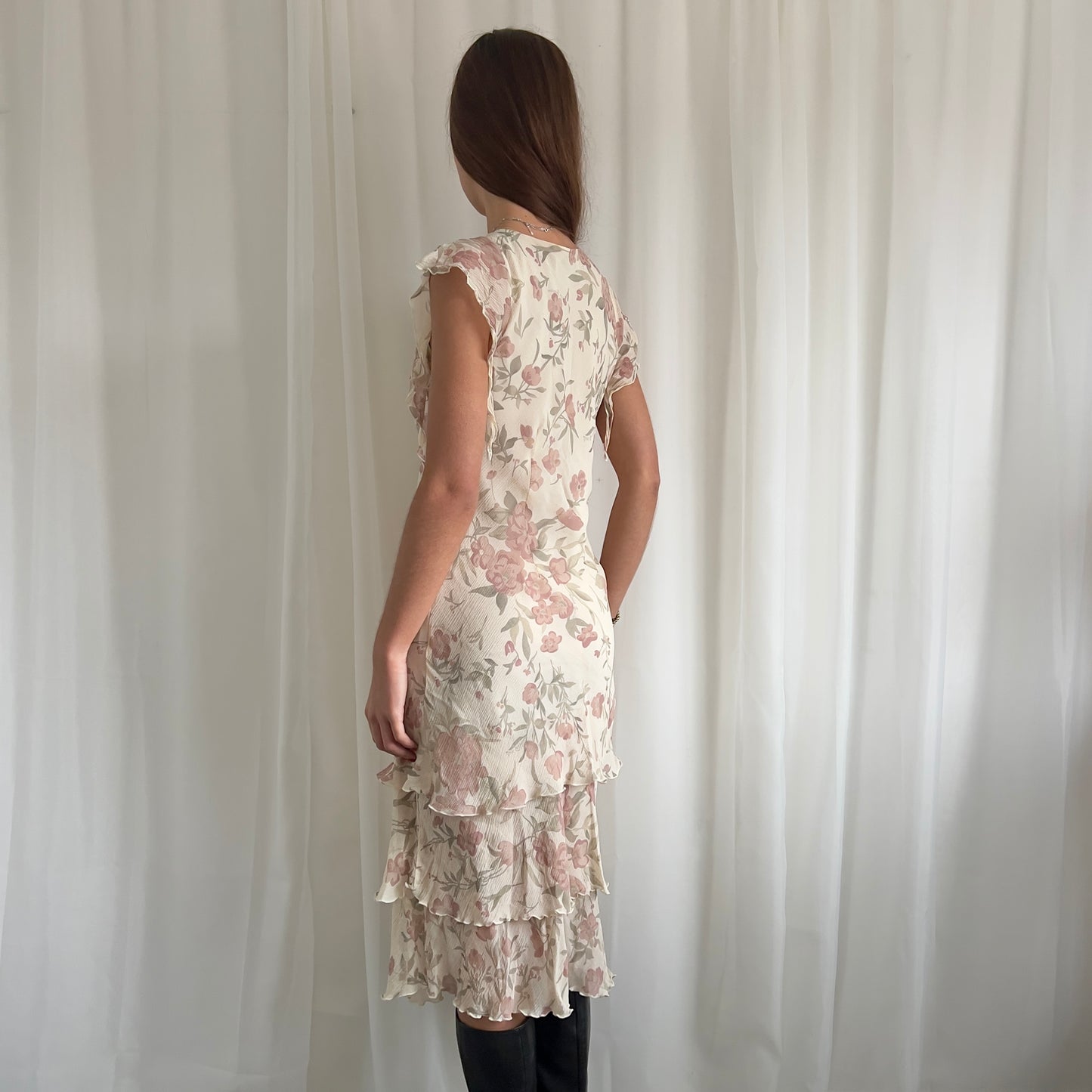 90s Floral Ruffle Midi Dress - Size M