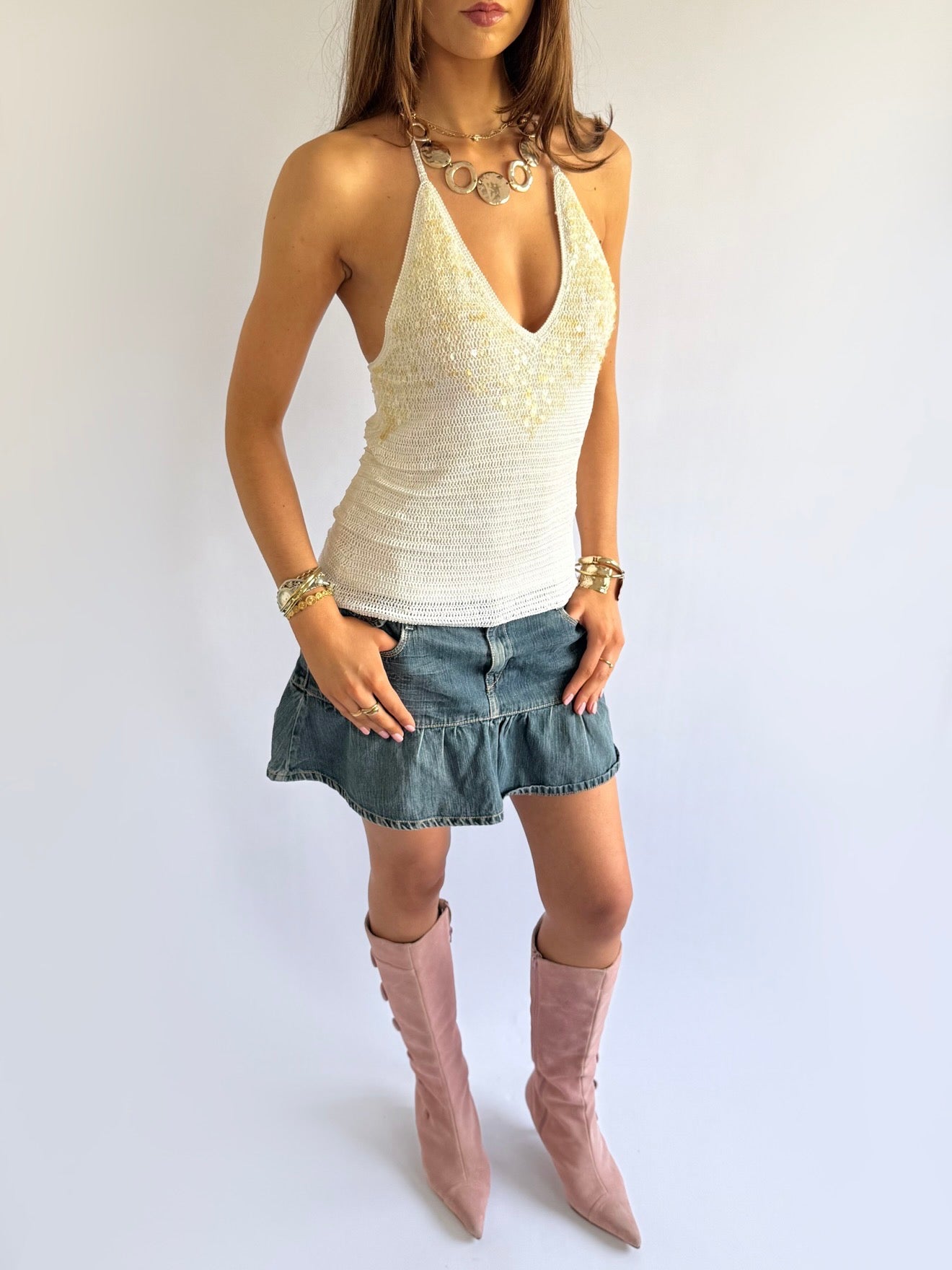 Crochet Sequin Halter Top - Size L