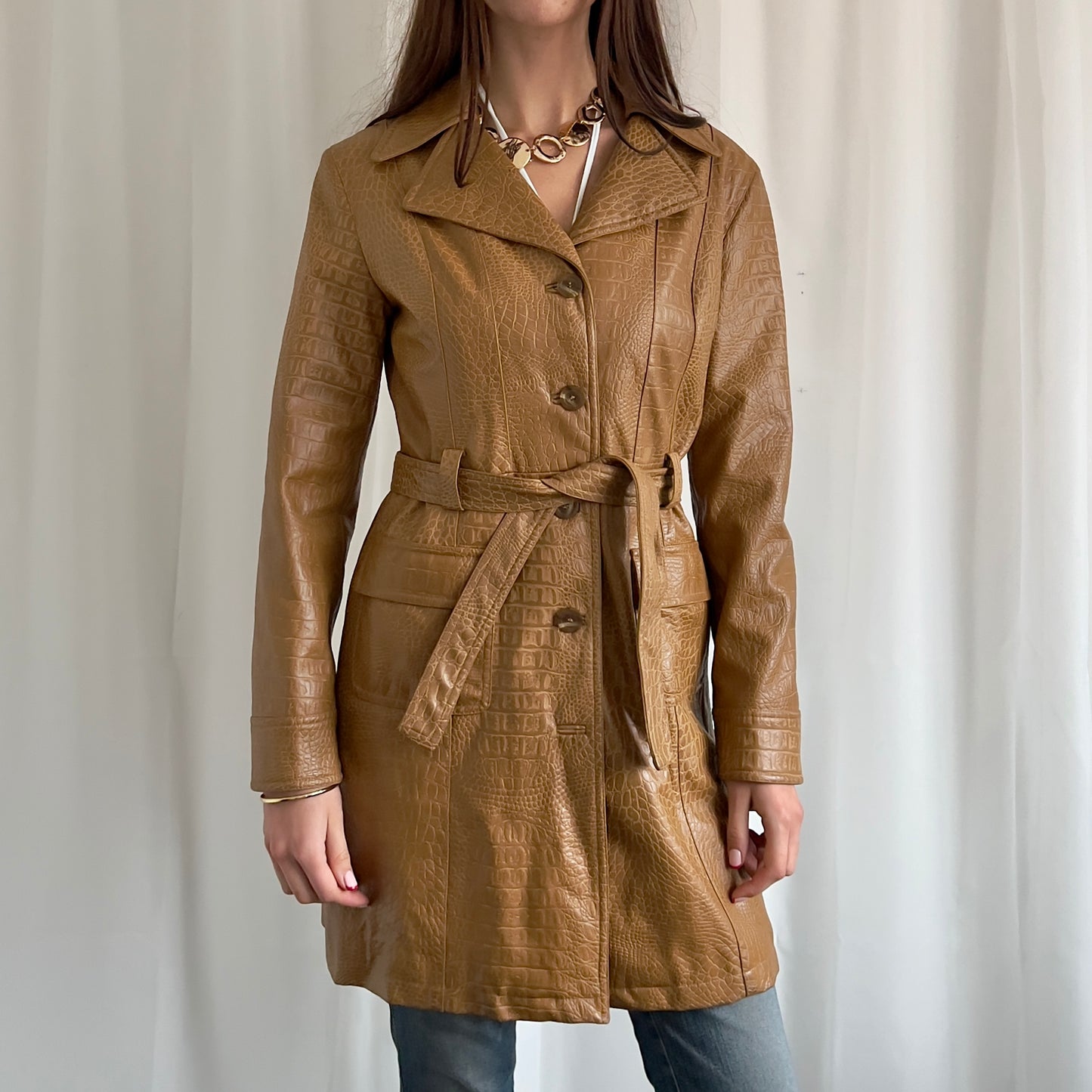 90s Faux Leather Trench Coat - Size S