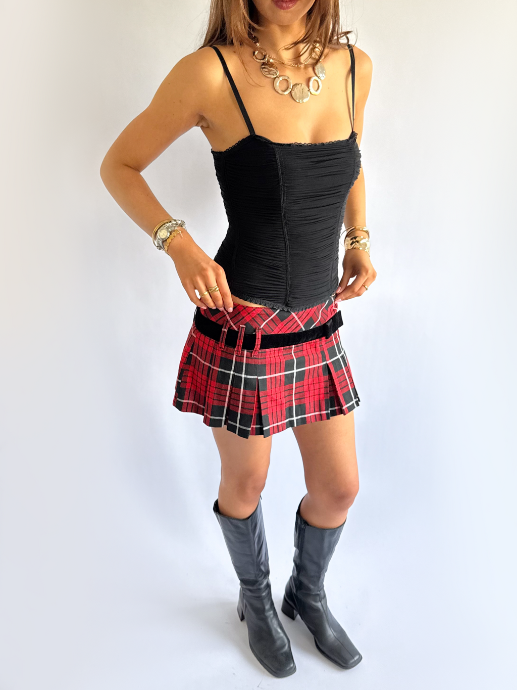 Plaid Pleated Micro Mini Skirt - Size S