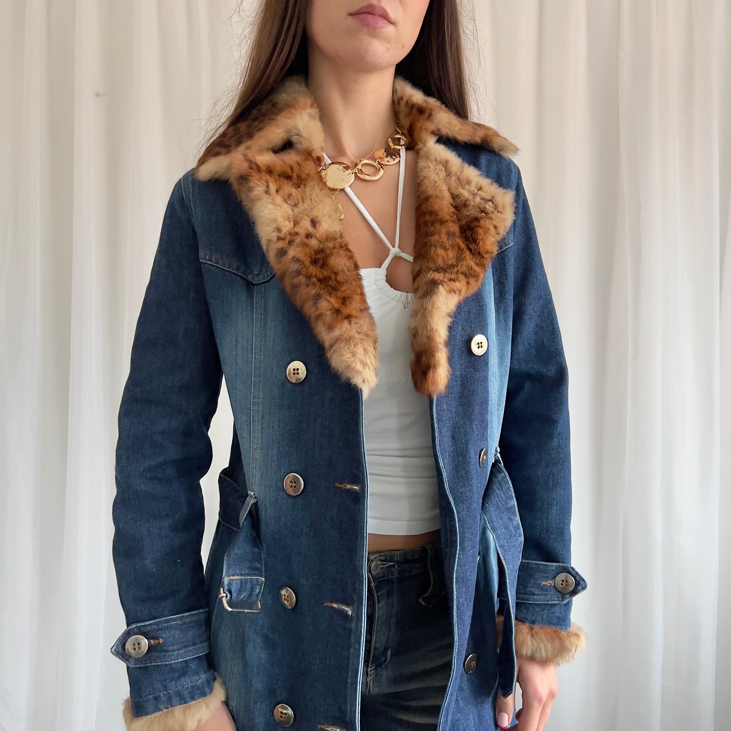 90s Denim & Fur Trench Coat - Size M