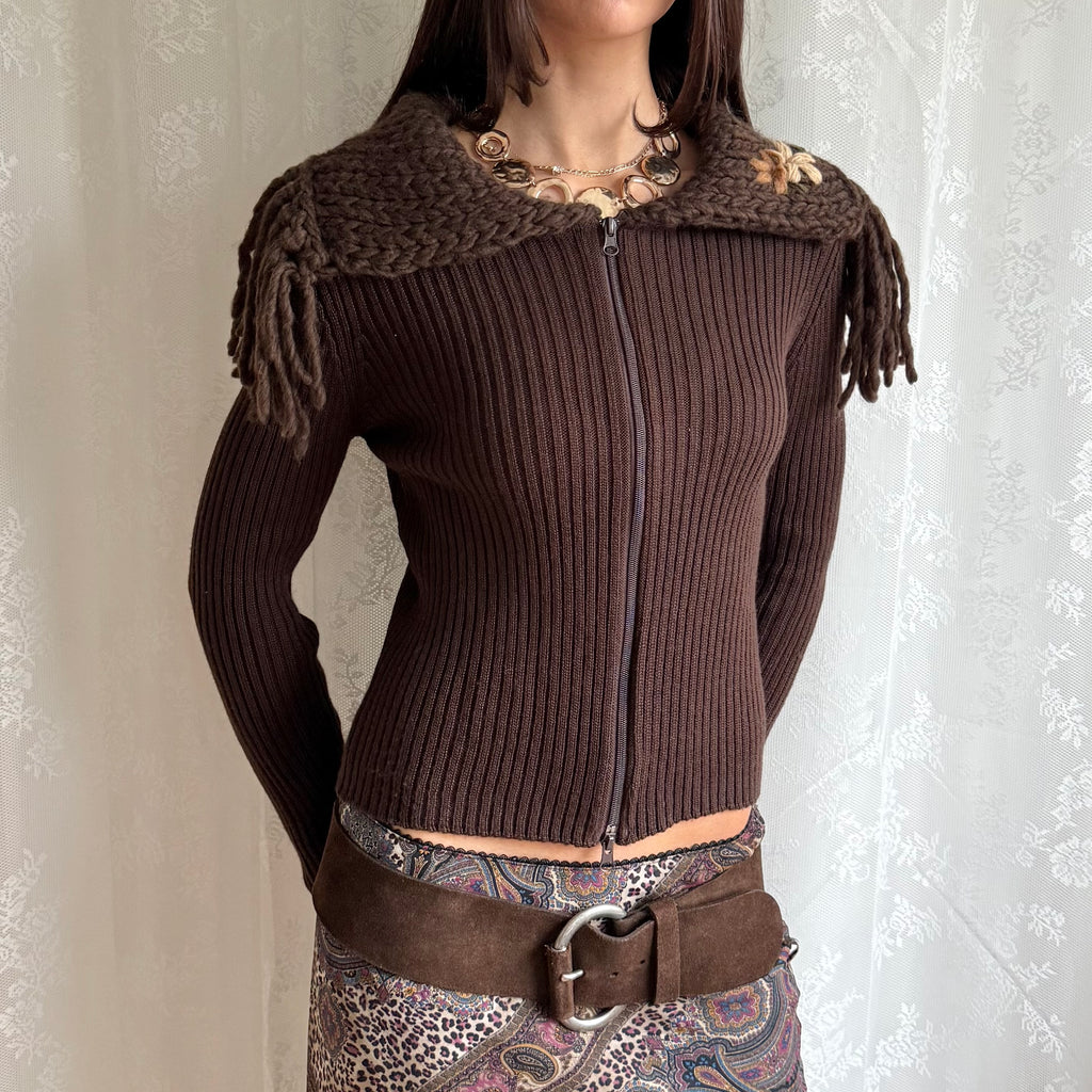 Wool Knit Double Zip Cardigan - Size S