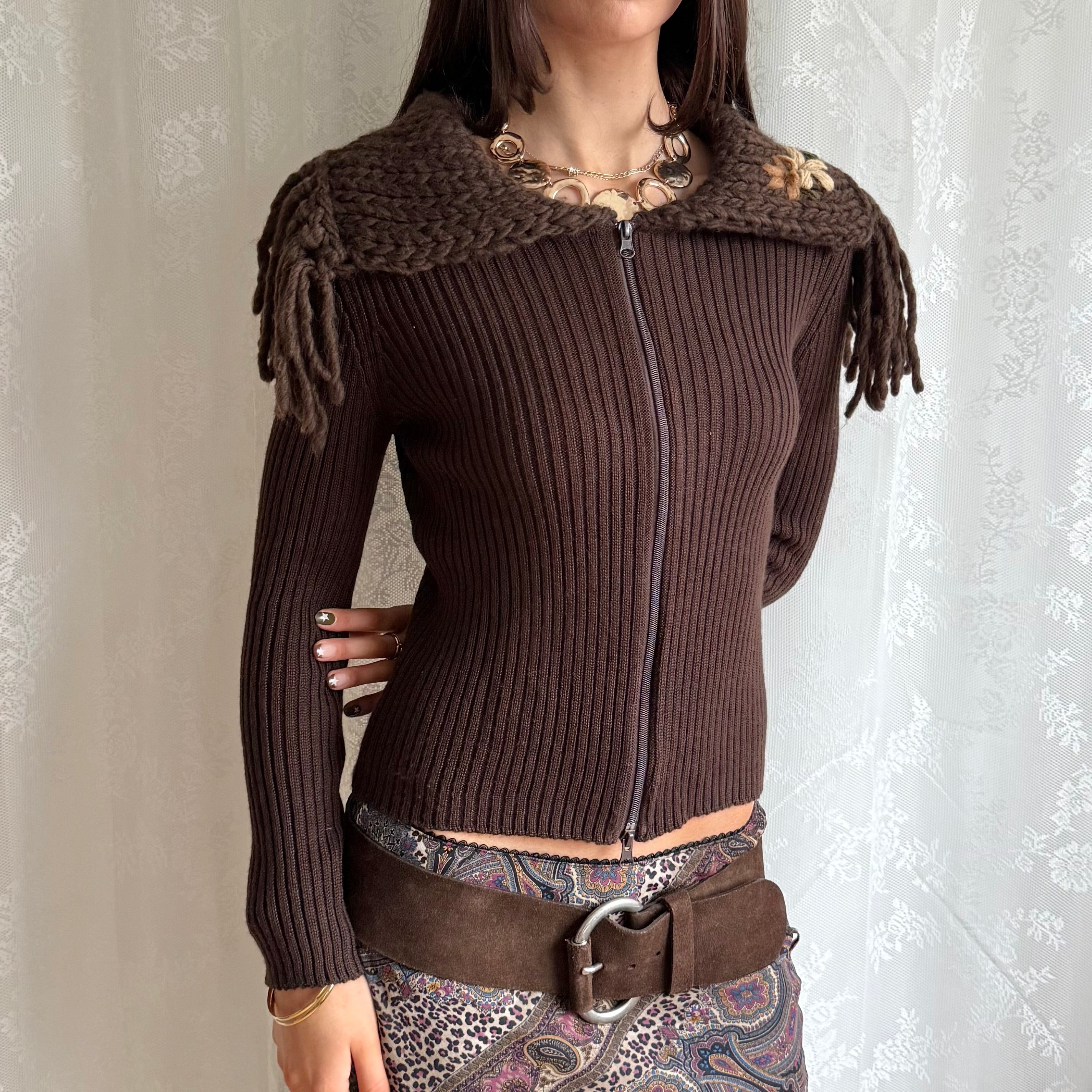 Wool Knit Double Zip Cardigan - Size S