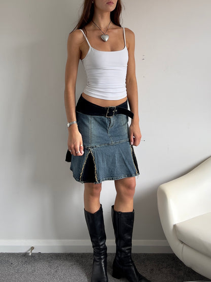 00s Corduroy & Denim Buckle Pleated Mini Skirt - Size M