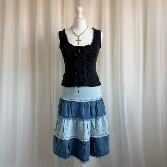 00s DEADSTOCK Denim Tiered Midi Skirt - Sizes XS & S