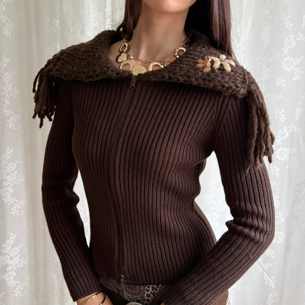 Wool Knit Double Zip Cardigan - Size S