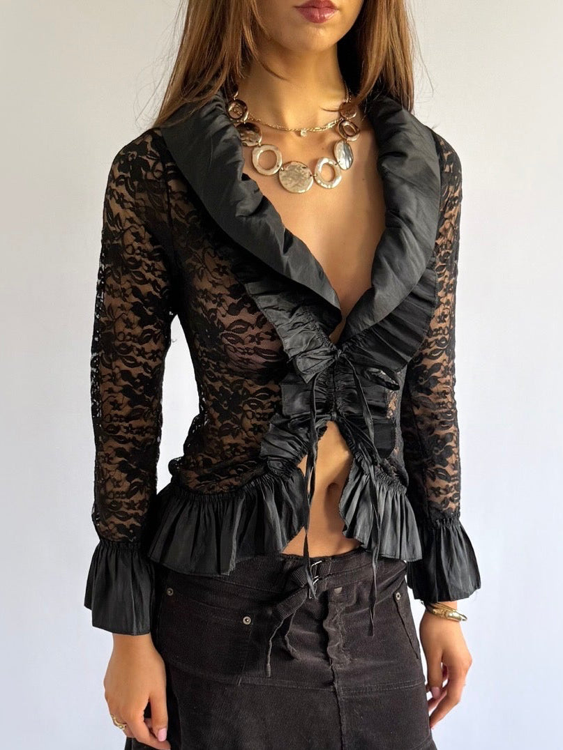 Lace Ruffle Tie Top - Size S