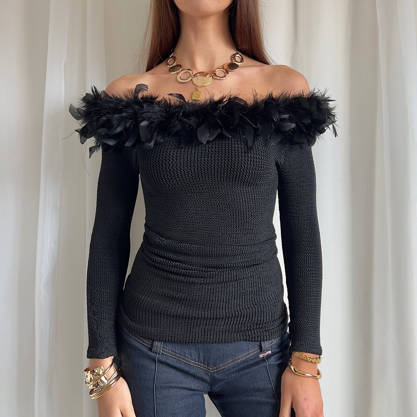 90s Bardot Knit & Feather Jumper - Size XS