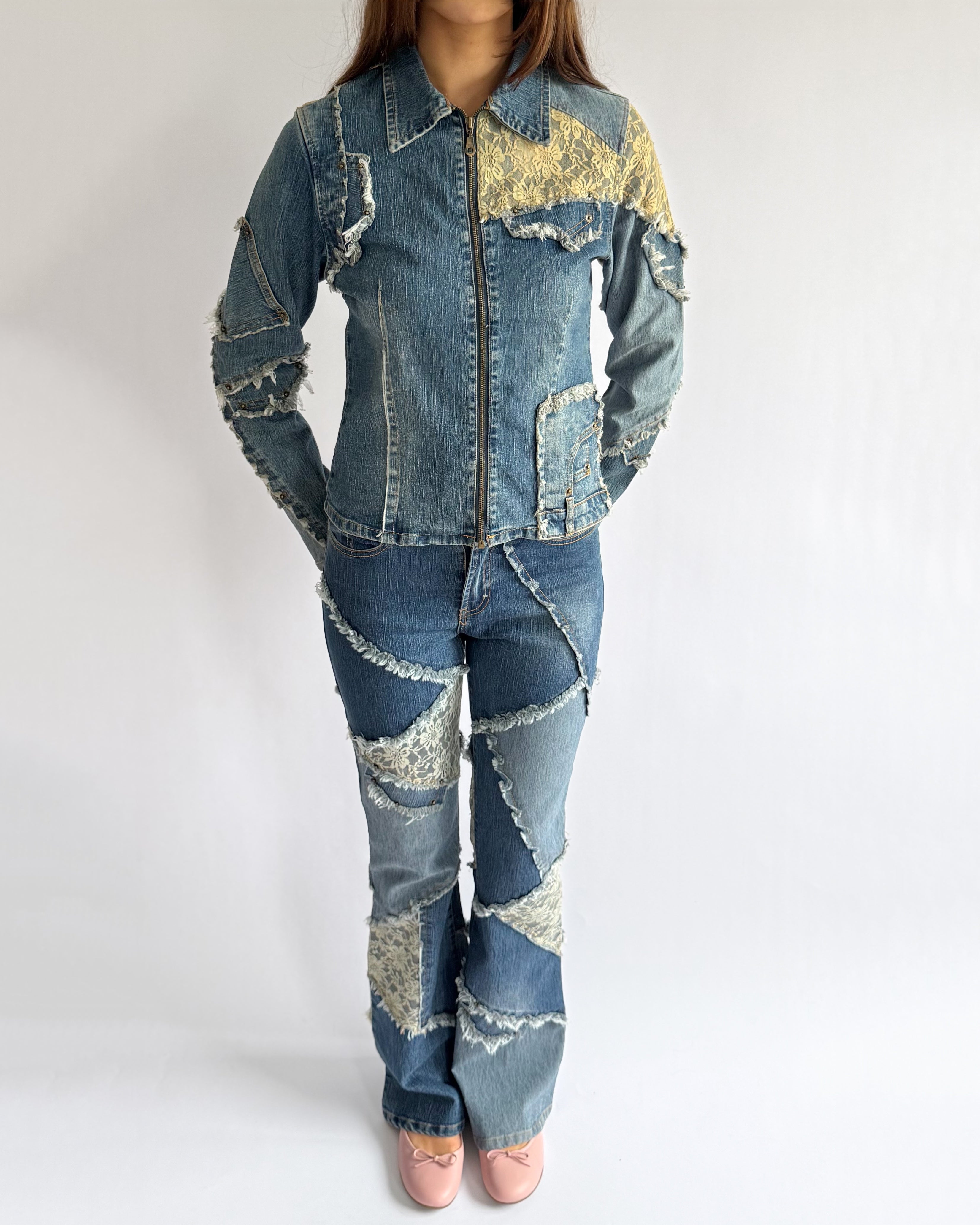 Patchwork Denim Jacket & Jeans Matching Set - Size S