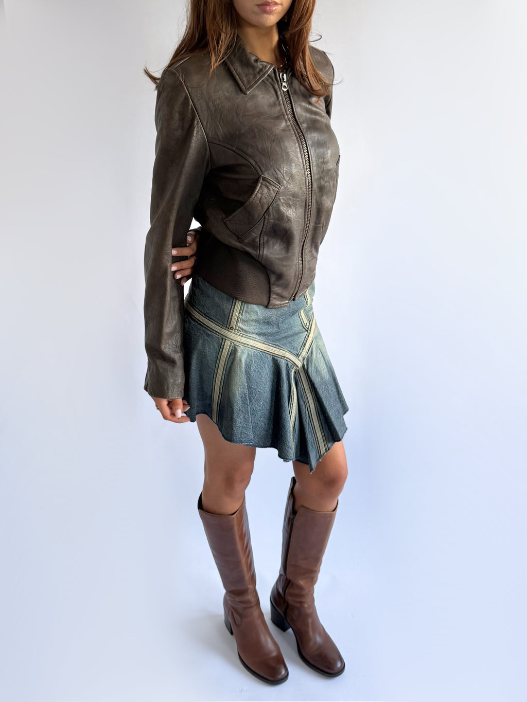 Genuine Leather Zip Jacket - Size L