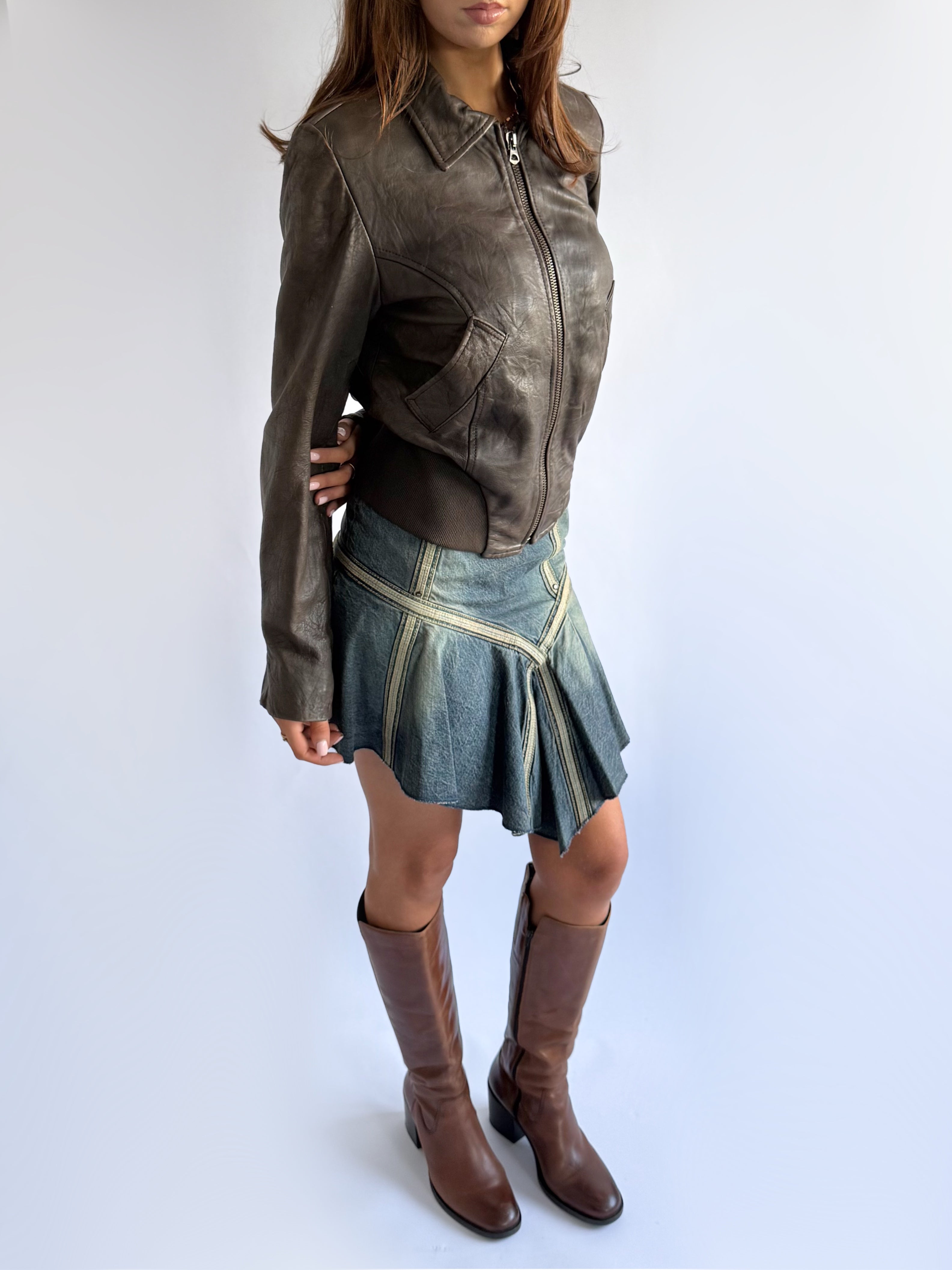 Genuine Leather Zip Jacket - Size L