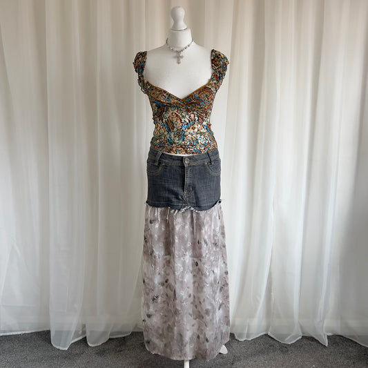 90s Denim Floral Maxi Skirt - Size L