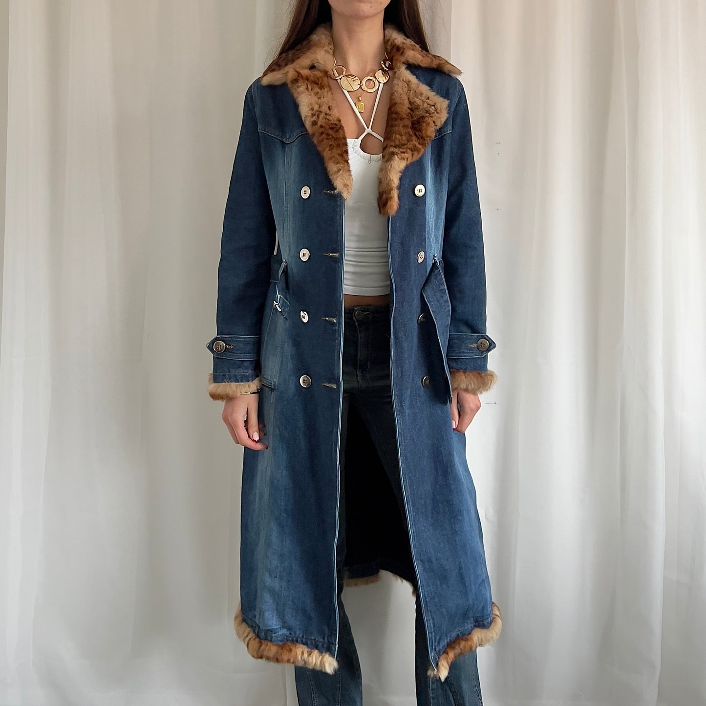 90s Denim & Fur Trench Coat - Size M