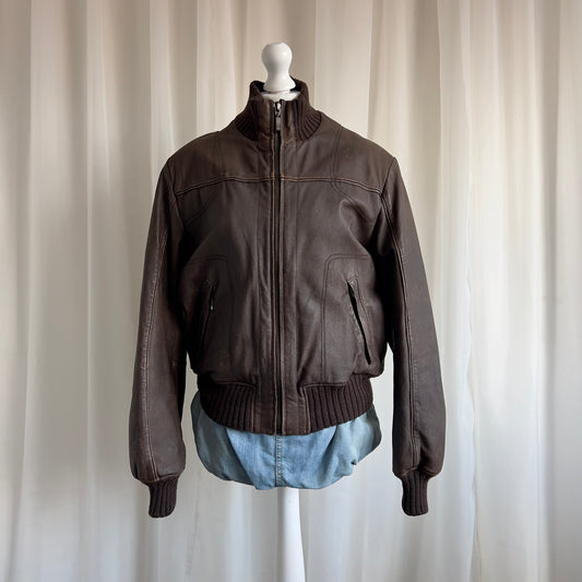 00s Genuine Leather Zip Bomber Jacket - Size XL