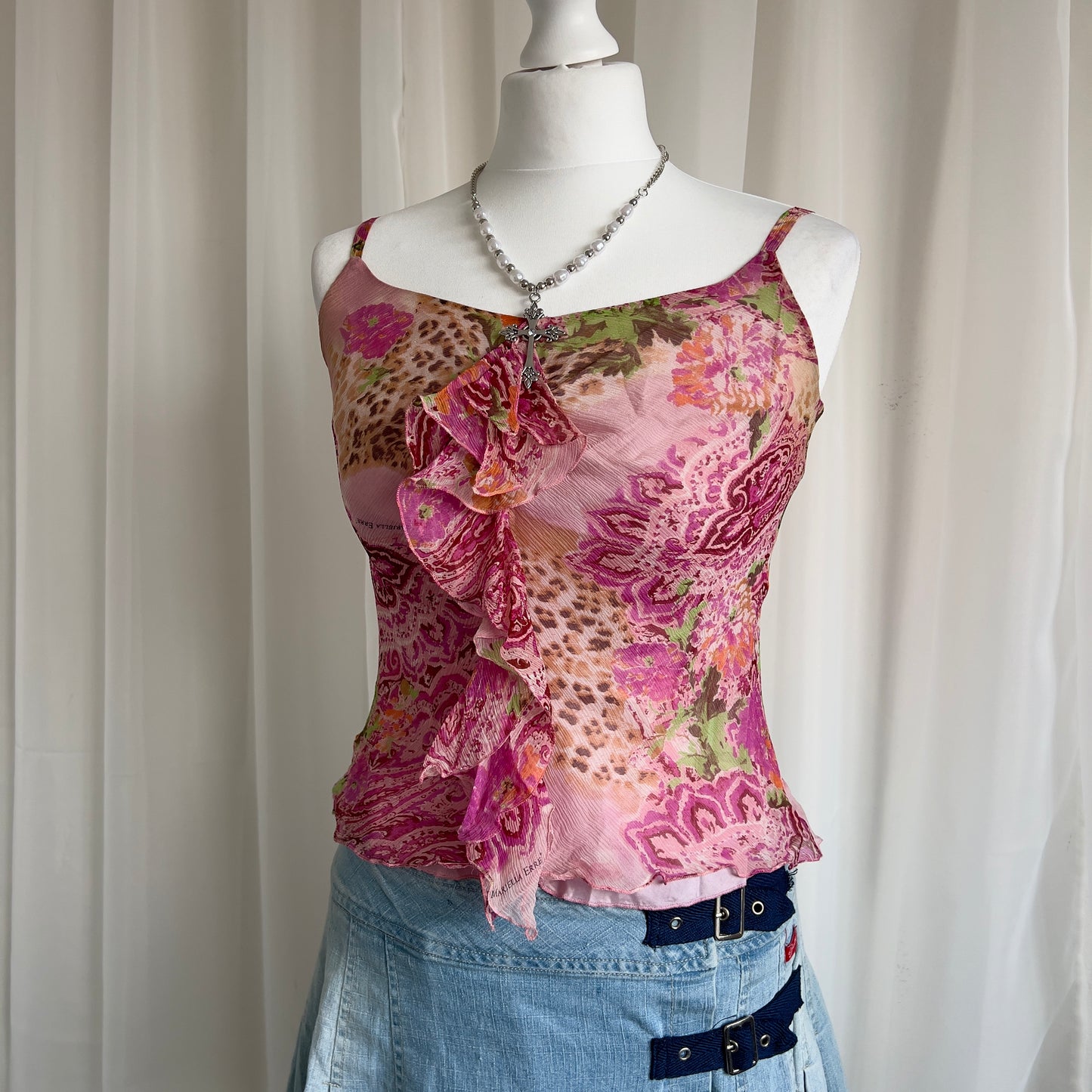 90s Floral Leopard Ruffle Cami Top - Size S