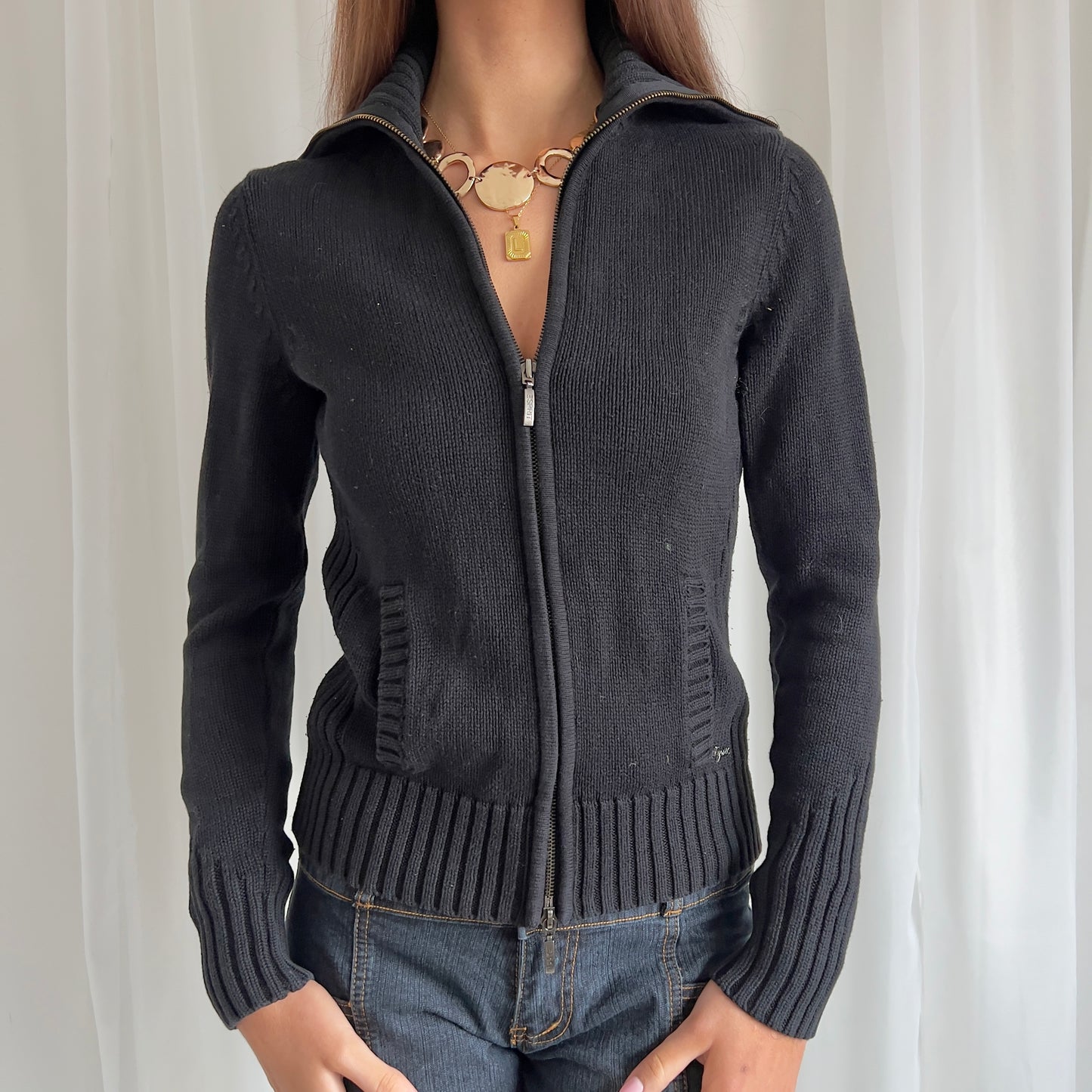 00s Knit Double Zip Up Jumper - Size M