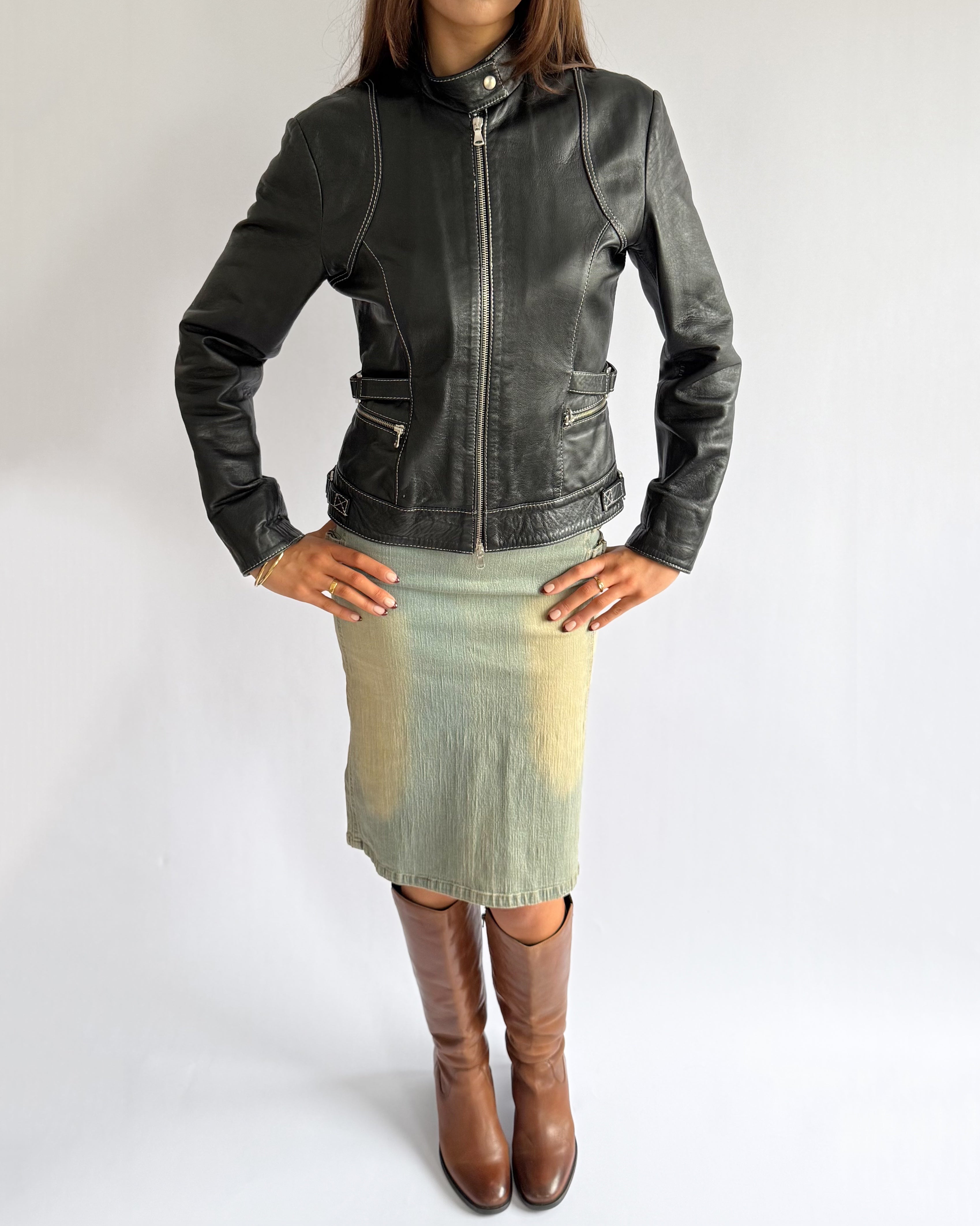 Genuine Leather Double Zip Jacket - Size L