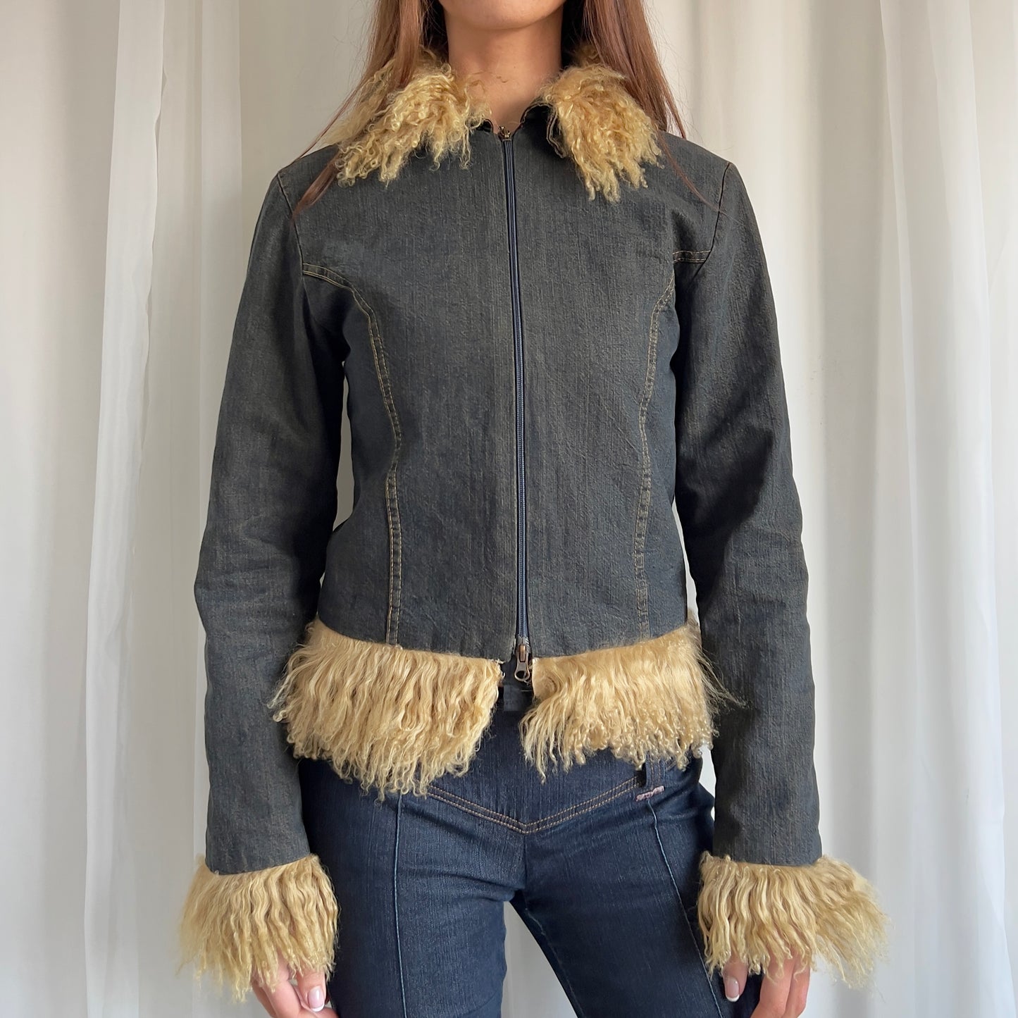 90s Denim & Fur Shearling Zip Up Jacket - Size S