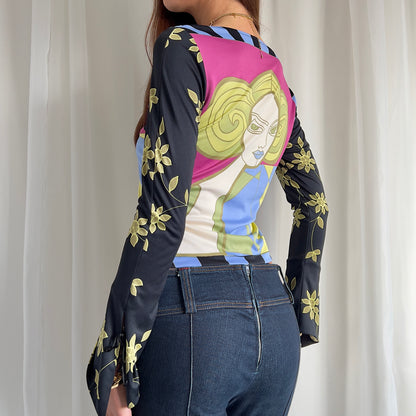 90s Graphic Flared Sleeve Top - Size S