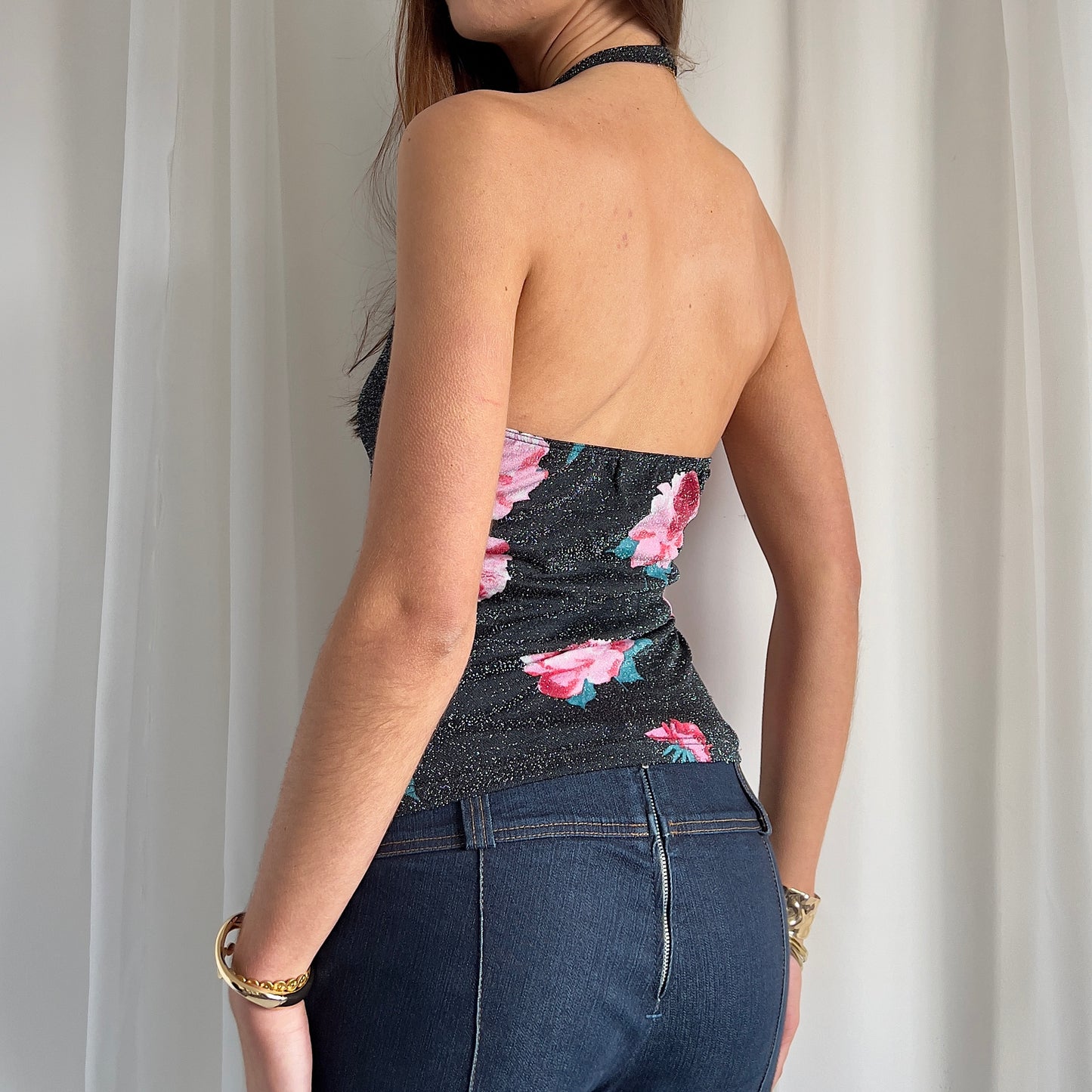 90s Floral Glitter Halter Top - Size M