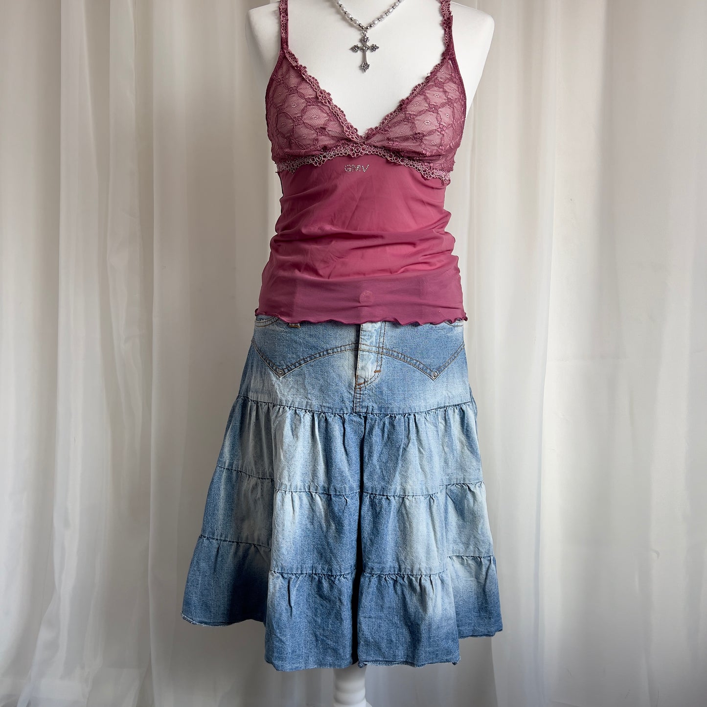 00s Denim Tiered Midi Skirt - Size M