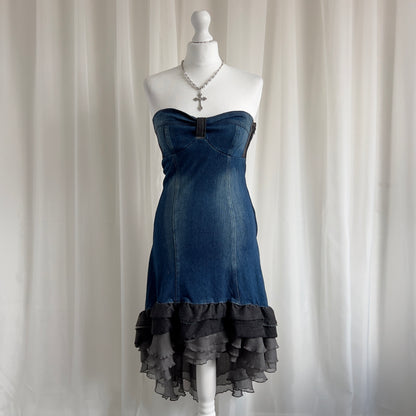 90s Denim Ruffle Asymmetric Mini Dress - Size M