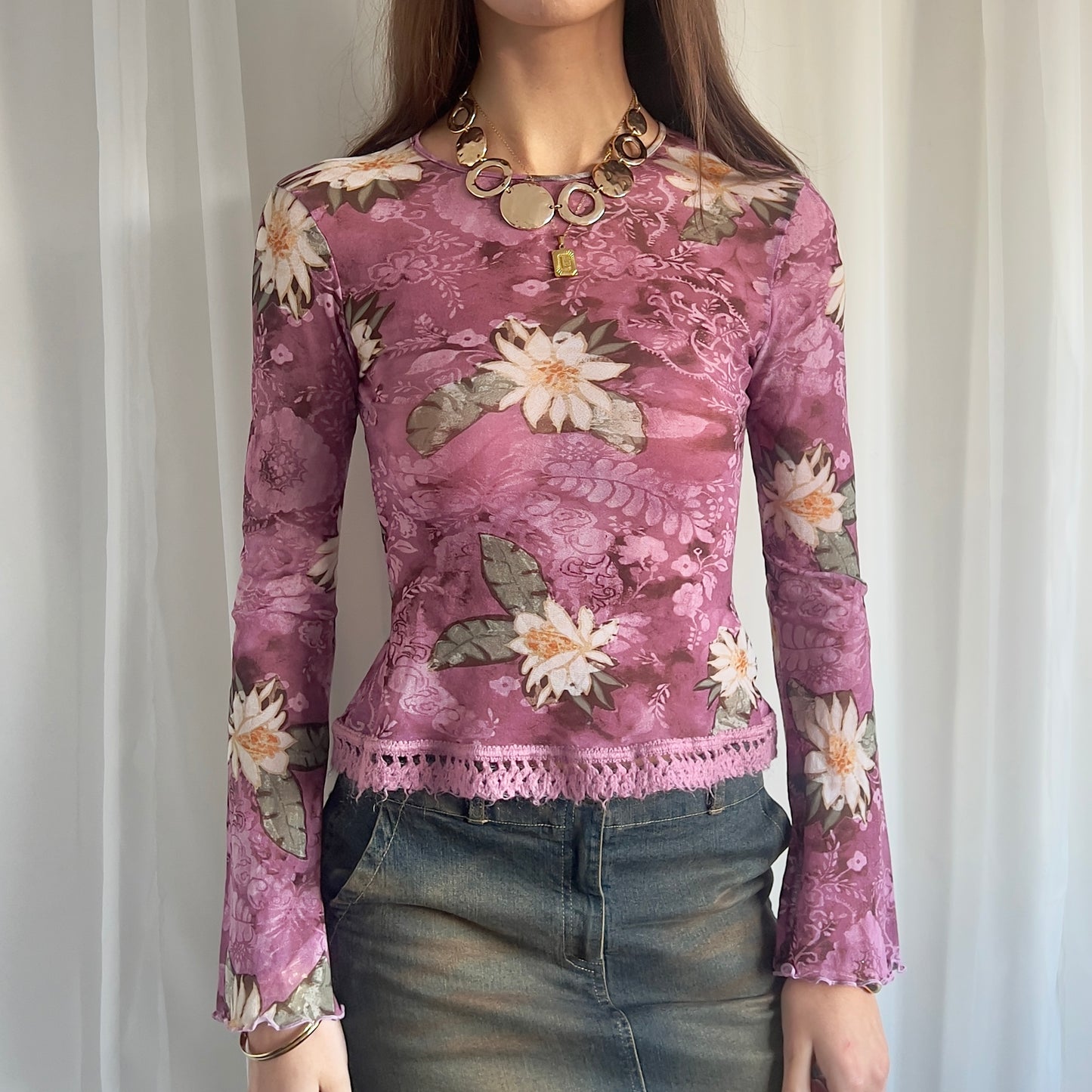 00s Floral Mesh Long Sleeve - Size S