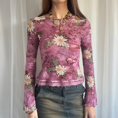 00s Floral Mesh Long Sleeve - Size S