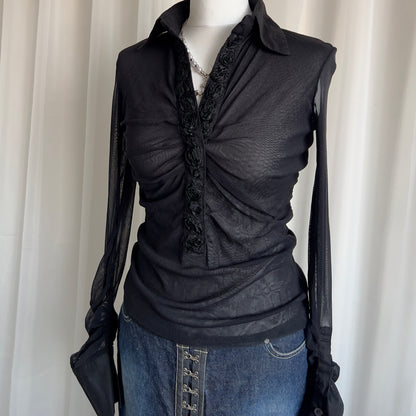 90s Ruched Mesh Shirt - Size M