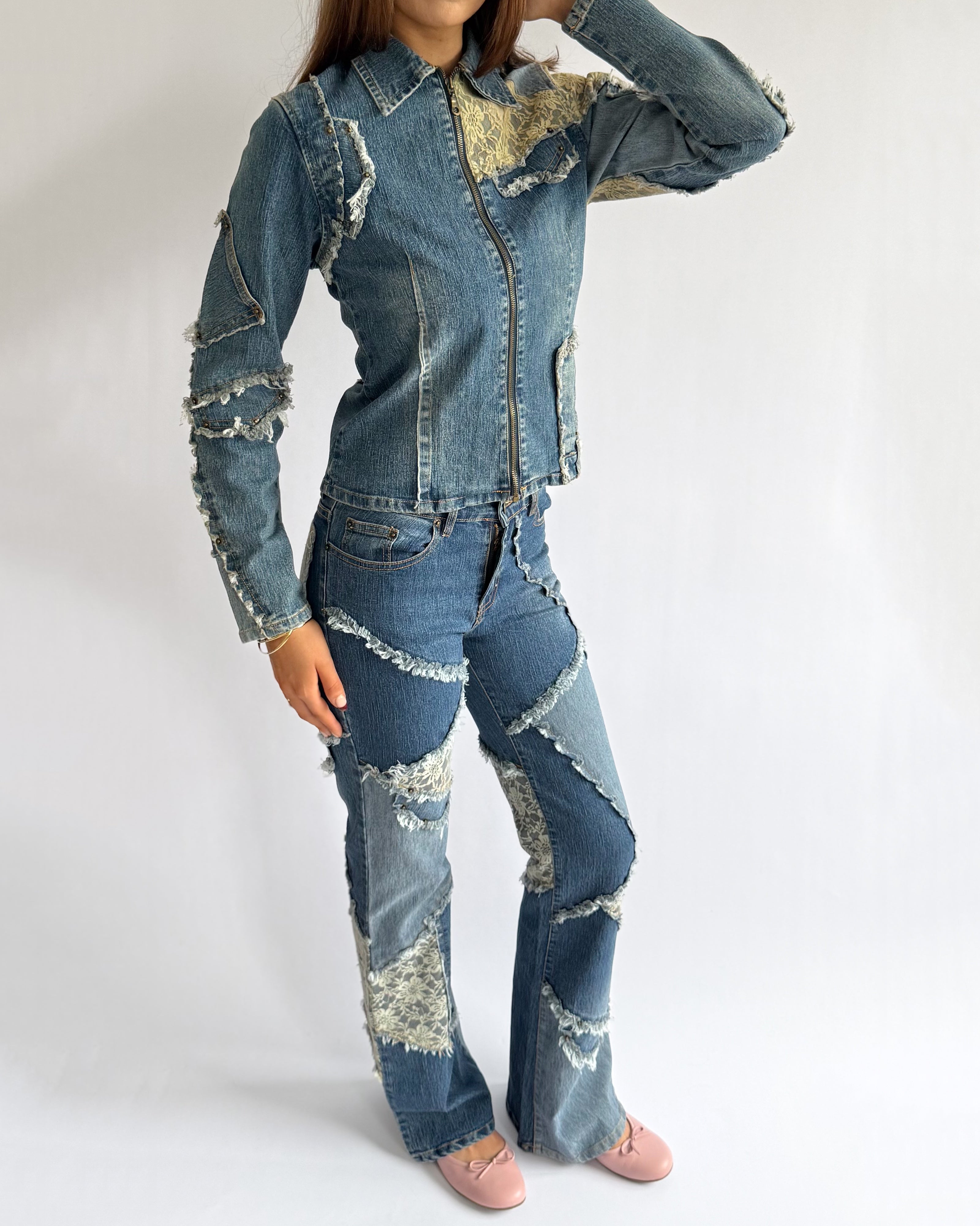 Patchwork Denim Jacket & Jeans Matching Set - Size S