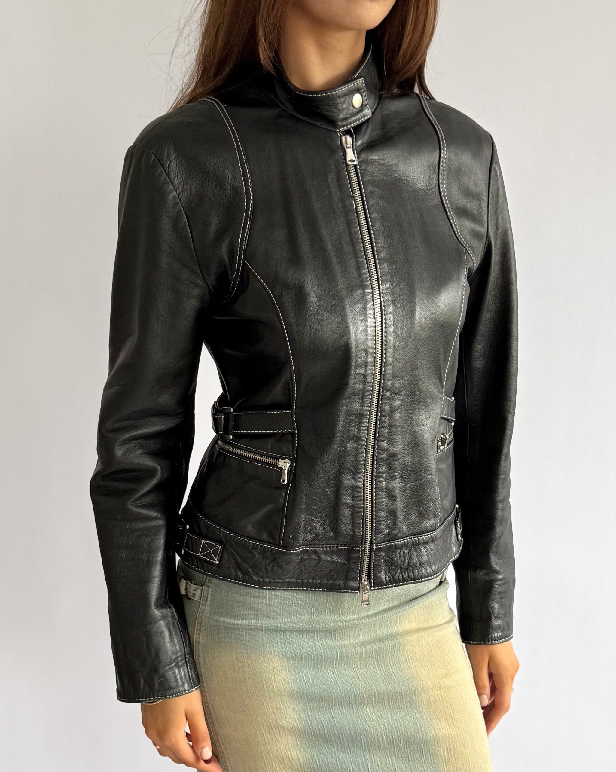 Genuine Leather Double Zip Jacket - Size L