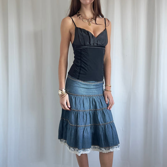 00s Denim Tiered Midi Skirt - Size XS