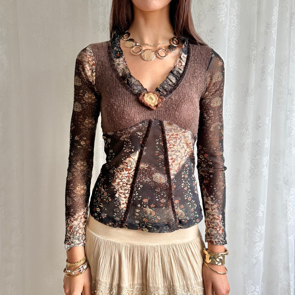 Knit & Mesh Long Sleeve Top - Size S