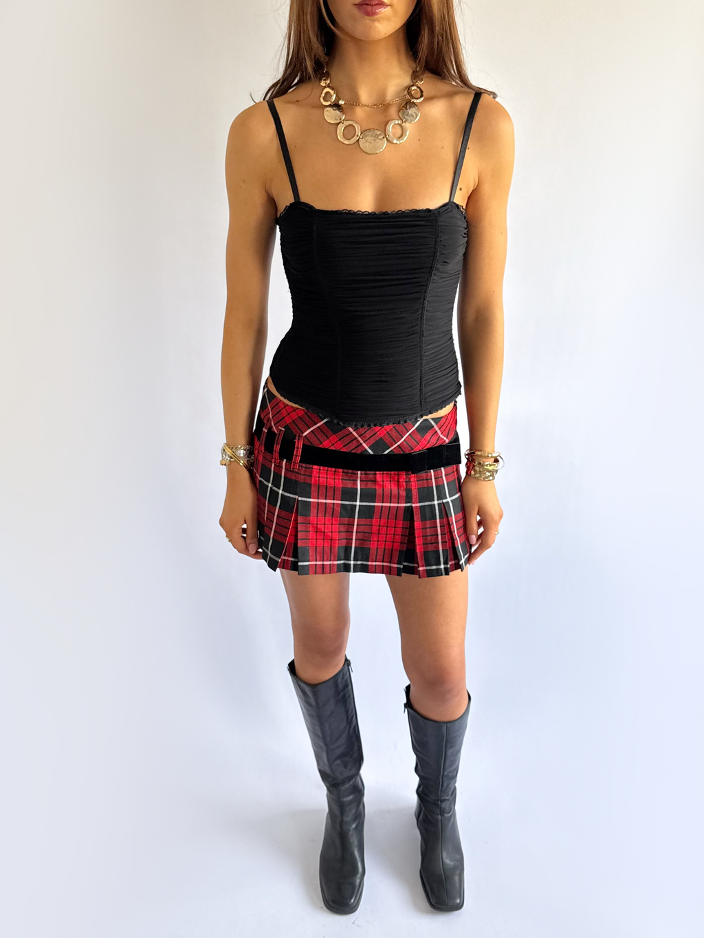 Plaid Pleated Micro Mini Skirt - Size S